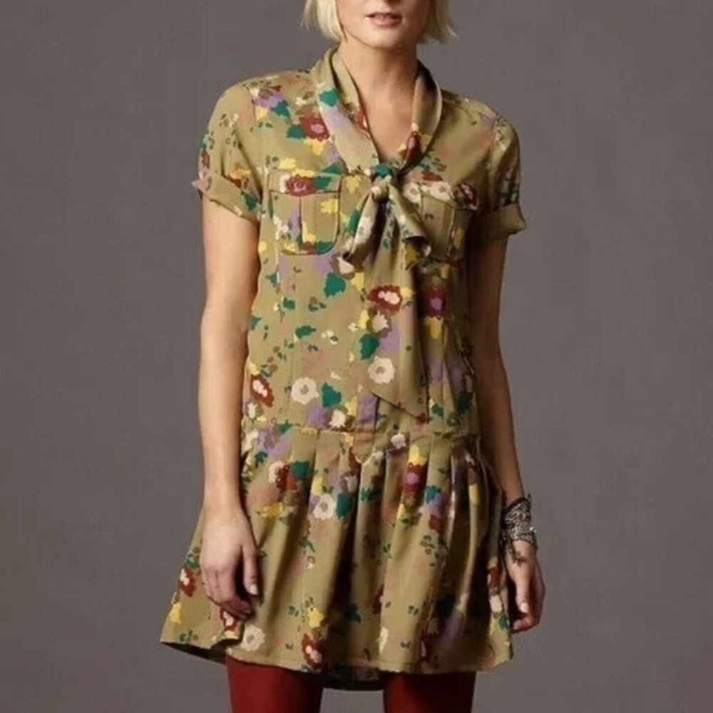 Fossil Army Green Floral Pleated Skirt Neck Tie Retro Mini Dress Womens Medium